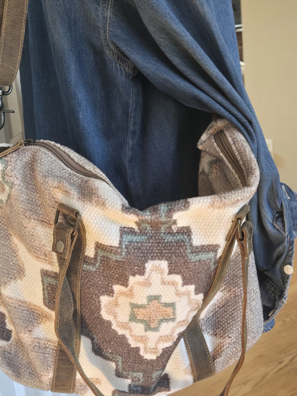 Myra Bag Boho Aztec Canvas Shoulder Bag in Cream, Brown & Teal